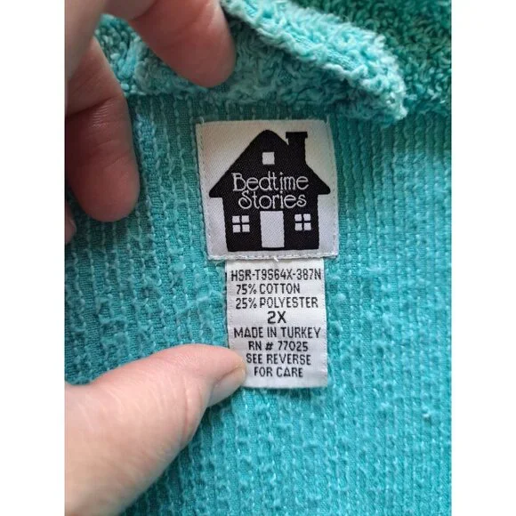 Bedtime Stories Turquoise Terry Cloth Robe Monkey Toucan Embroidery Women's 2X - Picture 5 of 11